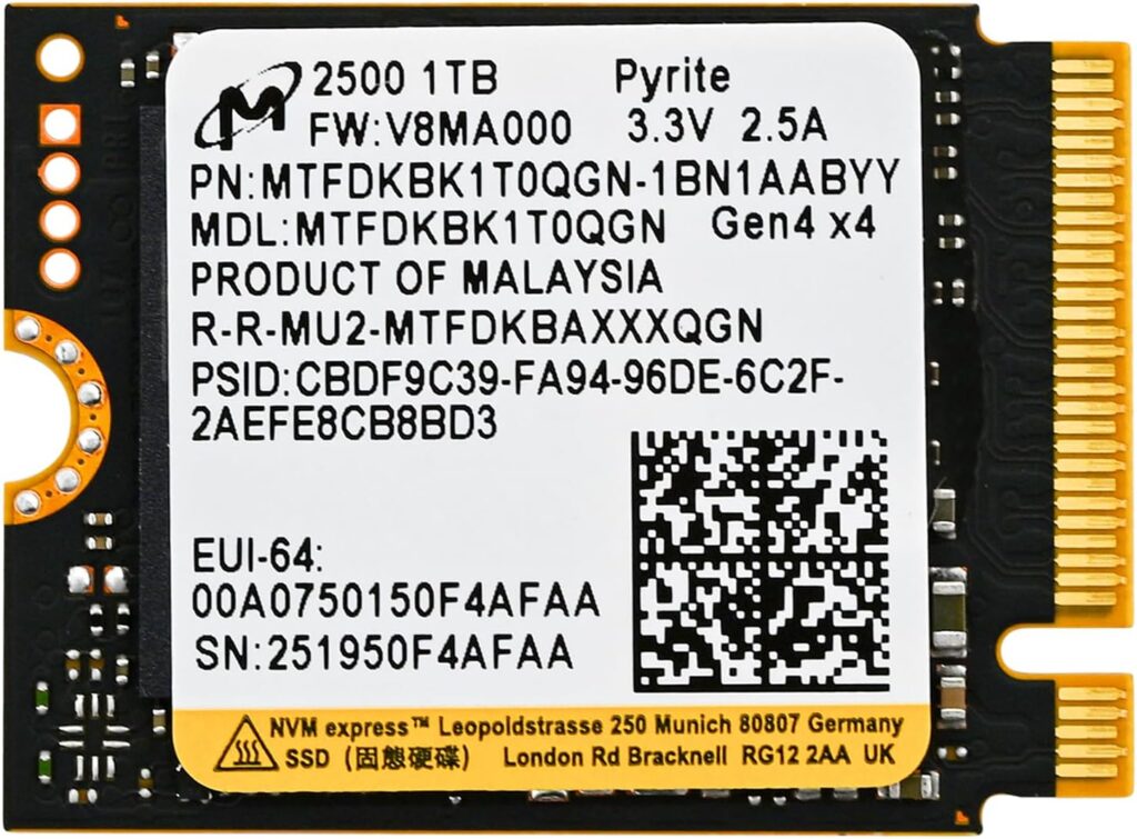 Micron 1TB 2500 M.2 2230 PCIe Gen 4.0×4 NVMe SSD Up to 7100 MB/s Compatible with Steam Deck Surface Ally Mini PCs Laptops