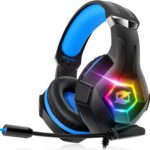 Ozeino Gaming Headset for PC, Ps4, Ps5, Xbox Headset with 7.1 Surround Sound, Gaming Headphones with Noise Cancelling Mic RGB Light Over Ear Headphones for Xbox Series X/S, Switch-Blue