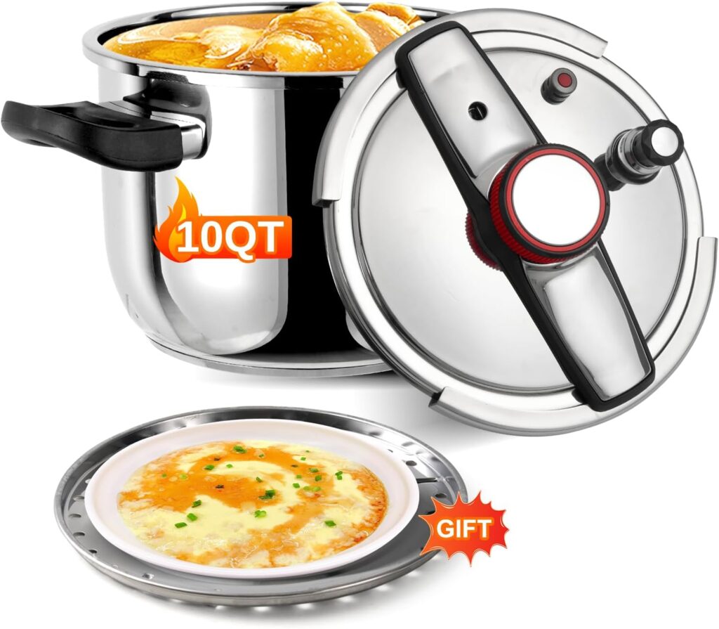 Pressure Cooker 10 QT, Stainess Steel Pressure Canner 10 Quart, Explosion-Proof Cookware, Rotating Lock/Unlock Lid, One-handed lid opening, Thickened Silicone Ring And Anti-scald Handle, Silver