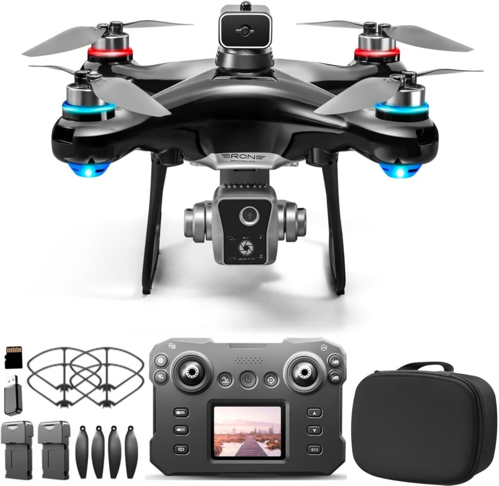 RC Drone with Screen Display Remote Control, 1080P Dual Camera, Speed Adjustment, Altitude Hold, One-Key Takeoff, 3D Flips, 2 Batteries, Hovering, Brushless Motor, APP Control, LED Lights, Propeller Guard, Beginners FPV Quadcopter Plane Copter