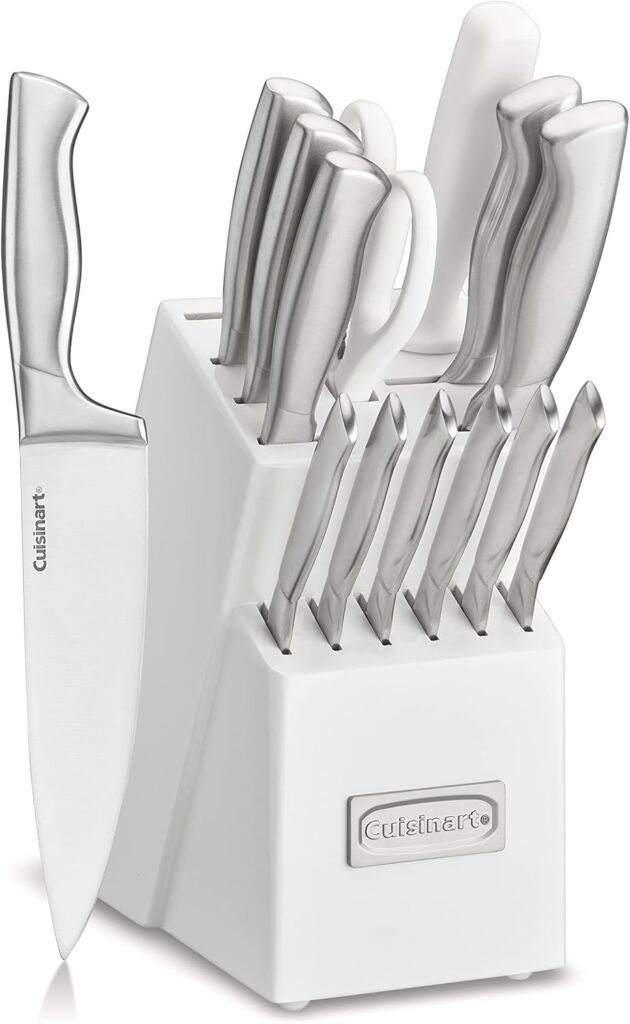 Cuisinart Professional Block Knife Set, 15pc Cutlery Knife Set with Steel Blades for Precise Cutting, Lightweight, Stainless Steel Durable & Dishwasher Safe, White