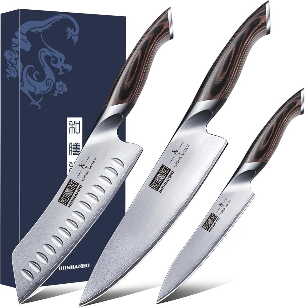 HOSHANHO 3 Pieces Knife Set, Professional Japanese High Carbon Stainless Steel Kitchen Knife Set, Ultra Sharp Chef Knives Sets with Ergonomic Pakkawood Handle