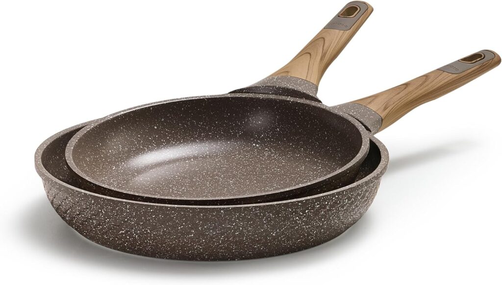 CAROTE Non Stick Frying Pan Skillet Set, Omelet Pan, Healthy Non Toxic Granite Chef Pan, Induction Compatible Egg Frying Pan with Heat-Resistant Handle, PFOA-Free,Brown,9.5″+11″