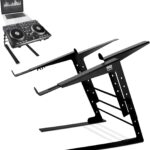 Pyle Portable Dual Laptop Stand – Standing Table with Adjustable Height, Ergonomic Design & Anti-Slip Prongs for DJ Mixer, Sound Equipment, Workstation, Gaming & Home Use – PLPTS38, Black