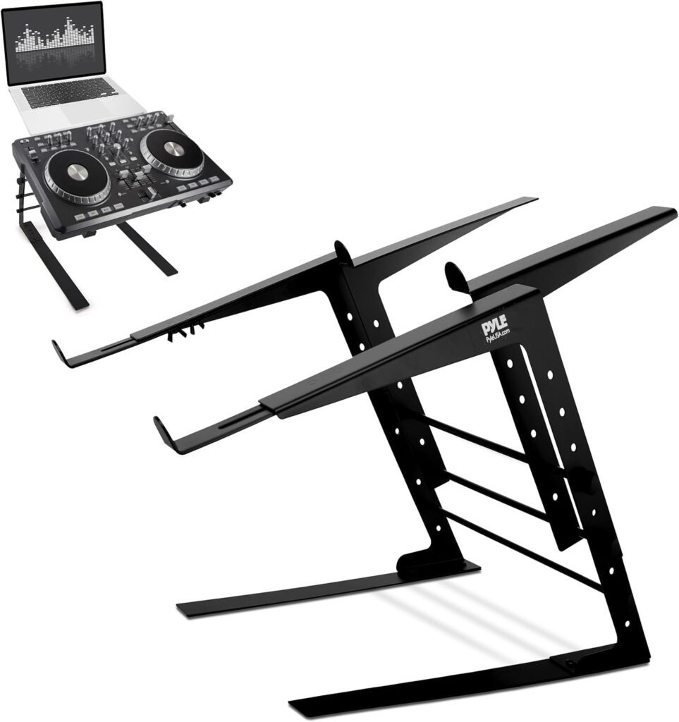 Pyle Portable Dual Laptop Stand – Standing Table with Adjustable Height, Ergonomic Design & Anti-Slip Prongs for DJ Mixer, Sound Equipment, Workstation, Gaming & Home Use – PLPTS38, Black