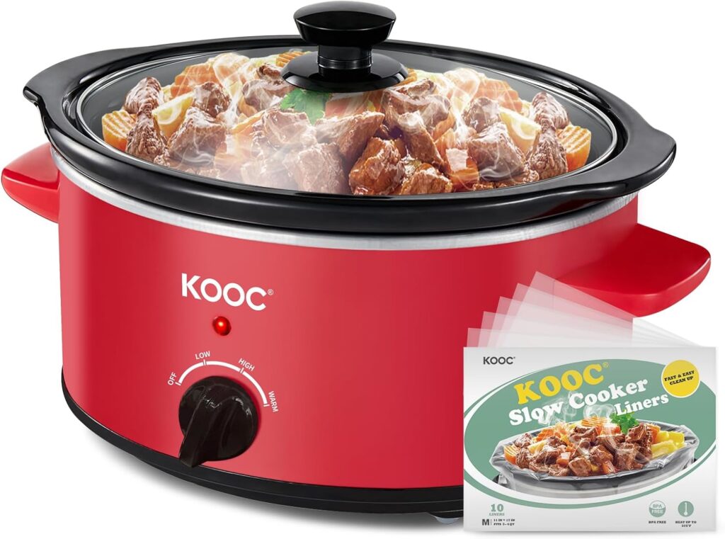 KOOC 4-Quart Slow Cooker, 3 Cooking Settings, Dishwasher Safe Ceramic Crock, Lid, Free Pot Liners Included, RED, Ellipse Pot