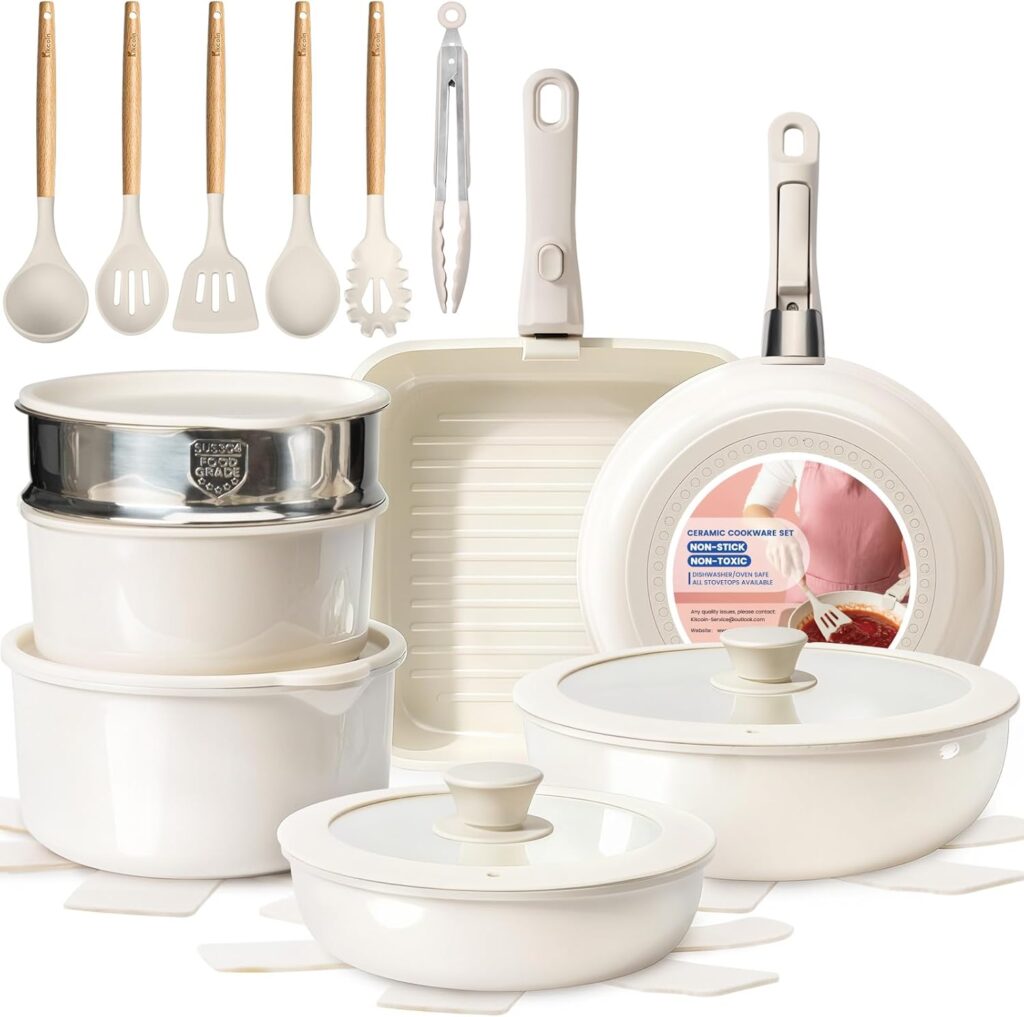 KIKCOIN Ceramic Nonstick Pots and Pans Set – Cookware Set with Detachable Handle – 25 Pack Stackable Cooking Set for RV Kitchen, with Frying Pans, Steamer – Induction/Dishwasher/Oven Safe, PFOA Free