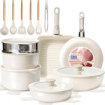 KIKCOIN Ceramic Nonstick Pots and Pans Set – Cookware Set with Detachable Handle – 25 Pack Stackable Cooking Set for RV Kitchen, with Frying Pans, Steamer – Induction/Dishwasher/Oven Safe, PFOA Free