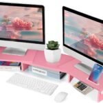 Dual Monitor Stand Riser for 2 Monitors, Monitor Stand for Desk, Adjustable Length & Swivel Angle Wooden Desktop Organizer Stand Riser with Smartphone Holder for PC Monitor Laptop, Pink