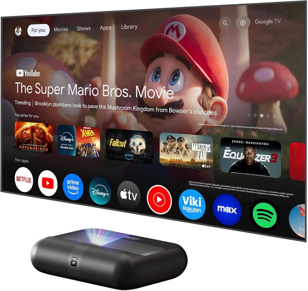 Yaber K300s Ultra Short Throw Projector, 4K Support Triple Laser Projector, 100″ Image at 9″, Dolby Vision, 150% NTSC, Google TV, 30W JBL Speaker, for Home Theater Gaming