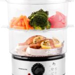 OVENTE 2 Tier Electric Food Steamer for Cooking Vegetables, Stainless Steel Base, Stackable and Dishwasher Safe Baskets, 400W with Auto Shutoff and 60-Minute Timer, 5 Quart Capacity, Silver FS62S