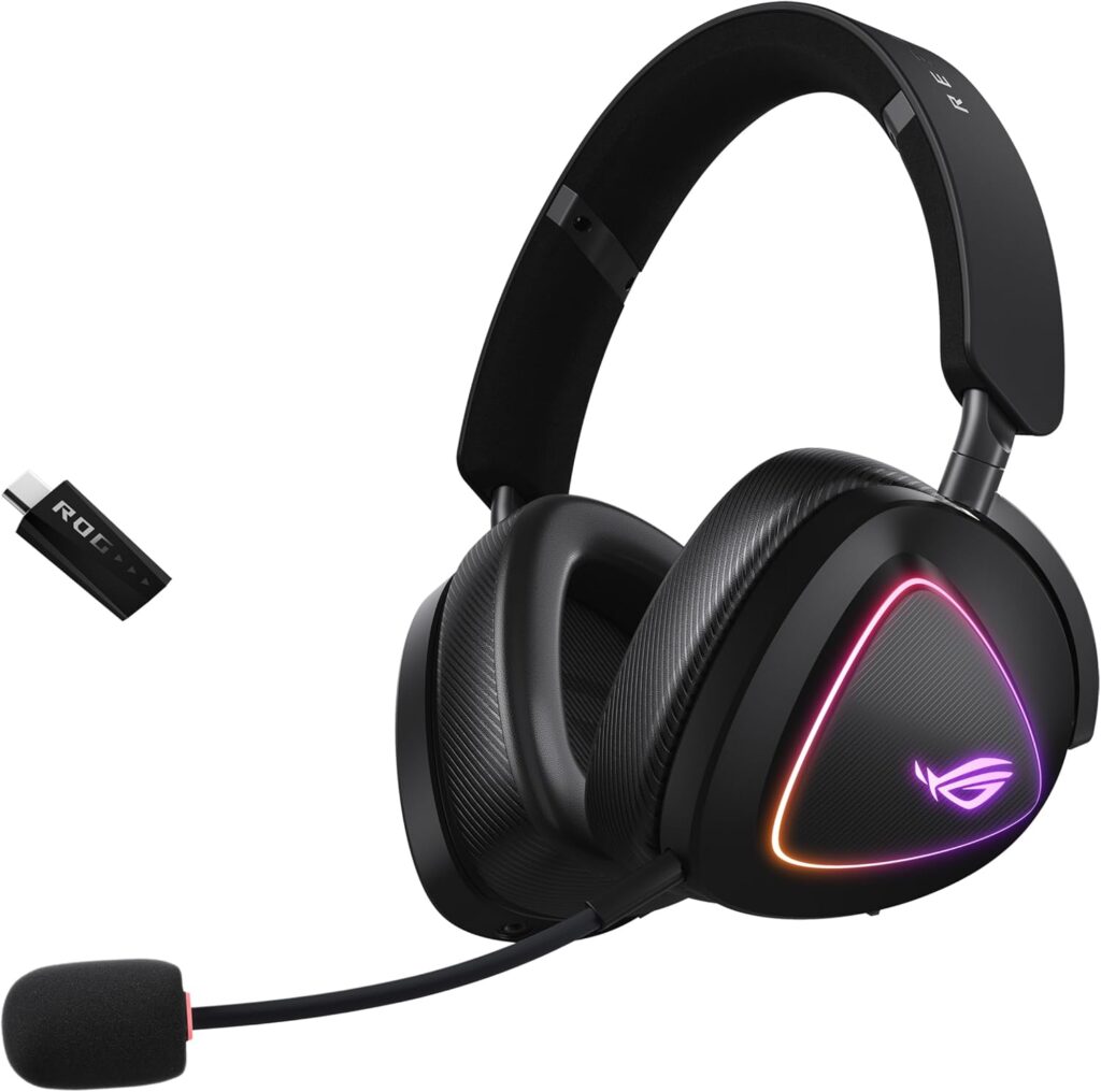 ASUS ROG Delta II Wireless Gaming Headset with Detachable Mic – Tri-Mode (BT, 2.4GHz, 3.5mm), 50mm Titanium-Plated Drivers, 110Hr Battery, Lightweight, for PC, PS5, PS4, Xbox, Switch, Mobile – Black