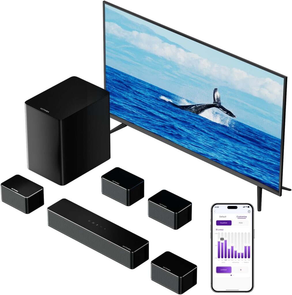 ULTIMEA 7.1ch Sound bar with Wireless Subwoofer, Virtual Surround Sound System for Smart TV, 4 Wired Surround Speakers, 410W Peak Power, App Control, Home Theater Sound System Poseidon D70, 2025 Model