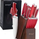 Knife Set, Emojoy 15 Piece Kitchen Knife Set with Block Wooden, German Stainless Steel Sharp Chef Knife Set with Sharpener, Dishwasher Safe and Rust Proof (kitchen knife set red)