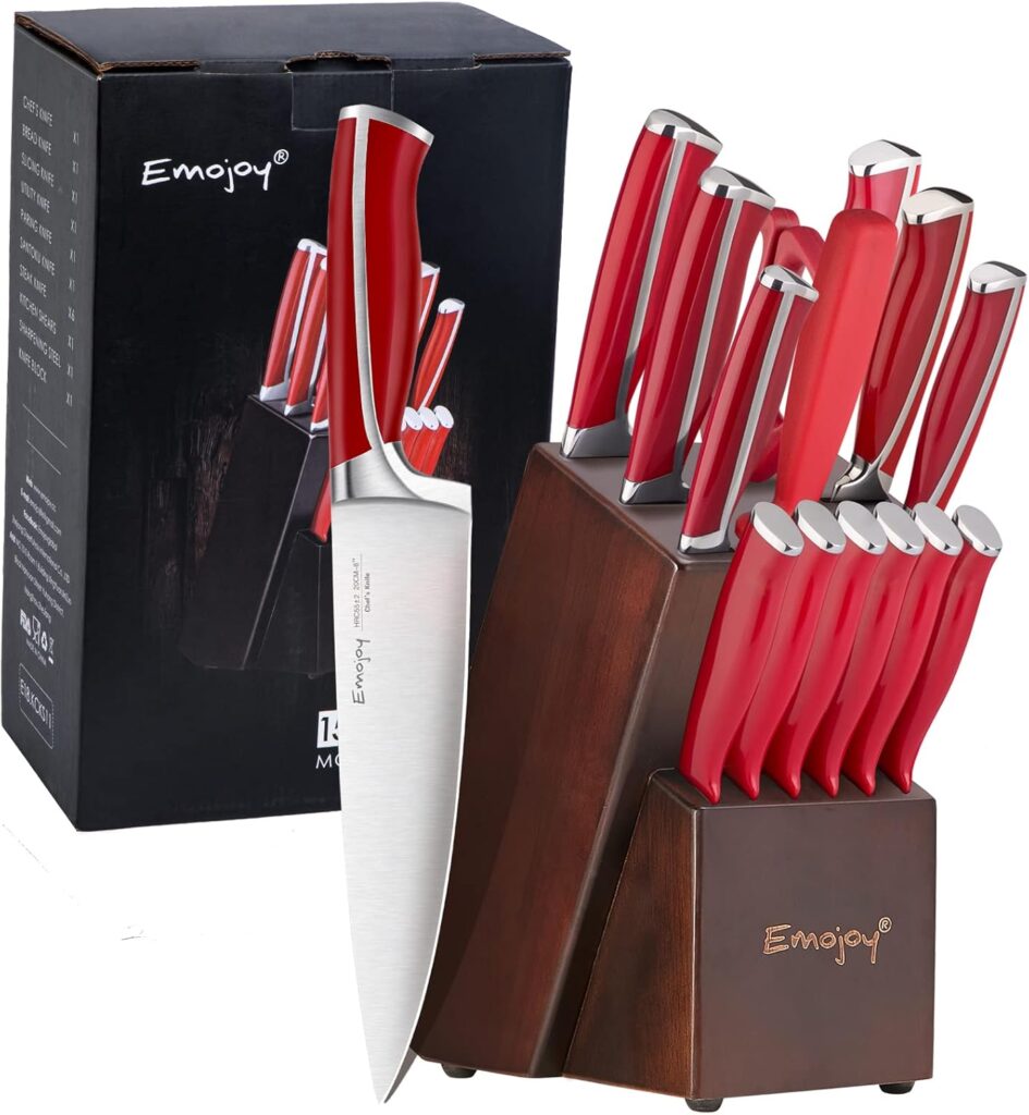 Knife Set, Emojoy 15 Piece Kitchen Knife Set with Block Wooden, German Stainless Steel Sharp Chef Knife Set with Sharpener, Dishwasher Safe and Rust Proof (kitchen knife set red)
