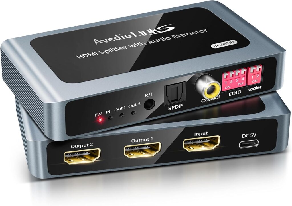 8K@60Hz HDMI Splitter 1×2 with Audio Extractor for Soundbar, HDMI 1 In 2 Out with Optical, Coaxial & 3.5mm, Support 4K@120Hz, HDR10+, VRR, ALLM, 48Gbps, Dolby Atmos 7.1CH, HDCP 2.3 Bypass, Down Scaler