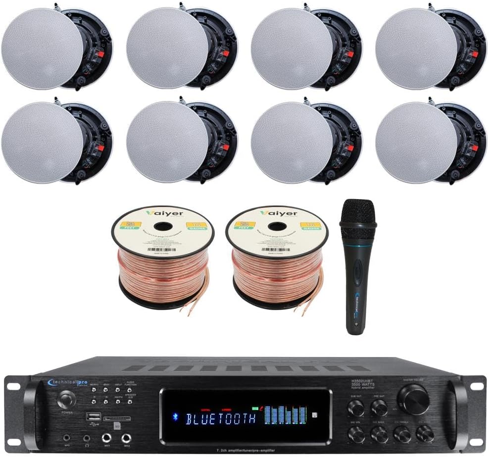 Vaiyer Home Audio System Kit – 7.2 Channel 3500 Watts Bluetooth Amplifier w/ 8 Qty of 5.25″ Frameless Ceiling Speakers 175W Each, Mic, 16 AWG 500 ft Speaker Wire & Remote for Home, Office, Restaurant