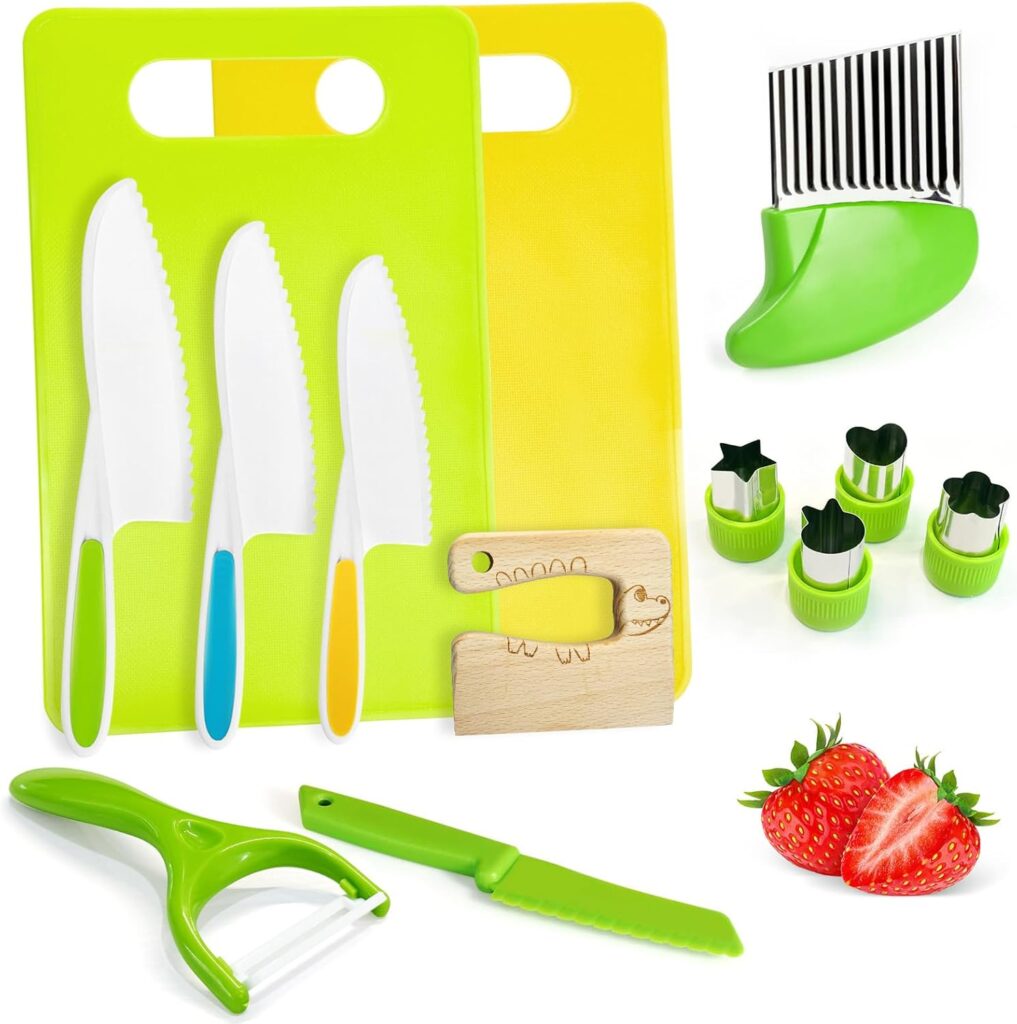 Chanking 13 Pieces Kids Safe Knife Set for Real Cooking Child-Friendly Plastic Chef Tools Montessori Kitchen Toys for Toddlers with Bright Colors Gifts for Boys and Girls