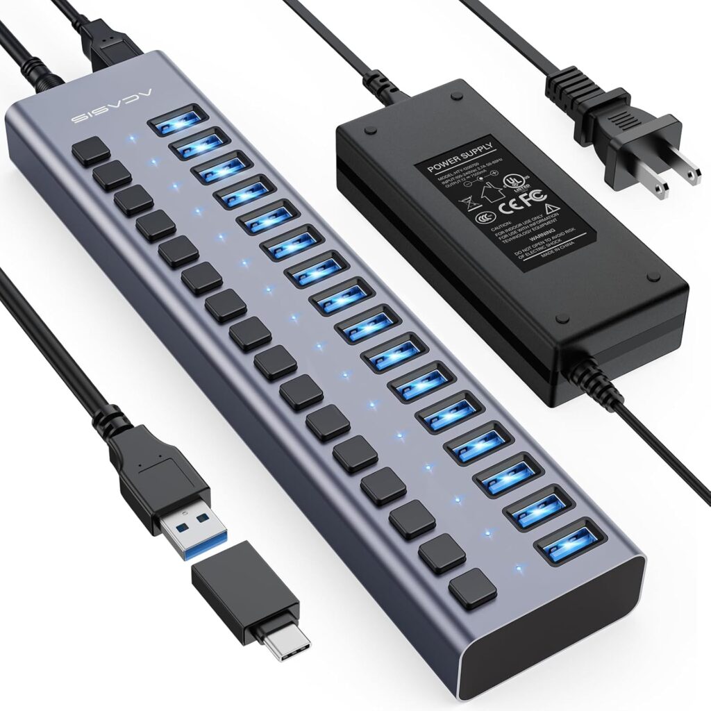Powered USB 3.0 Hub, ACASIS 16 Ports USB 3.0 Hub with 5Gbps Data Speed,Aluminum Housing, USB Hub Powered with 90W Power Adapter, USB Hub for PC/Laptop, Computer, Flash Drive, Printer, Camera
