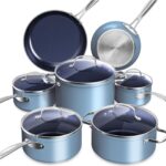 Nuwave Healthy Duralon Blue Ceramic Nonstick Cookware Set, Diamond Infused Scratch-Resistant, PFAS Free, Dishwasher & Oven Safe, Induction Ready & Evenly Heats, Tempered Glass Lids & Stay-Cool Handles
