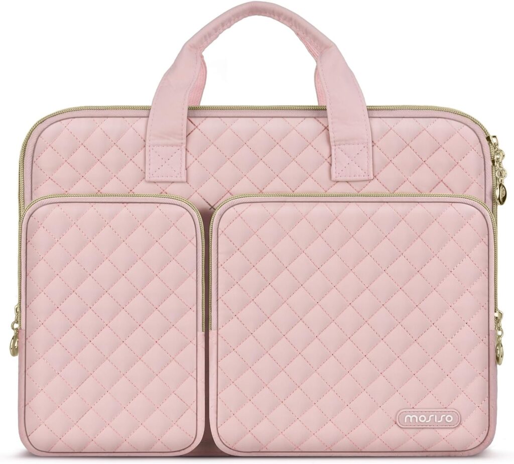 MOSISO 360 Protective Laptop Case 13.3 inch, 13-13.3 inch Laptop Sleeve Compatible with MacBook Air/Pro 13/Pro 14,HP Dell ASUS Lenovo, Square Quilted Bag Cover with 2 Pockets&Handle&Belt, Chalk Pink