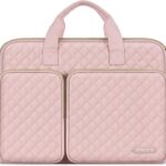 MOSISO 360 Protective Laptop Case 13.3 inch, 13-13.3 inch Laptop Sleeve Compatible with MacBook Air/Pro 13/Pro 14,HP Dell ASUS Lenovo, Square Quilted Bag Cover with 2 Pockets&Handle&Belt, Chalk Pink