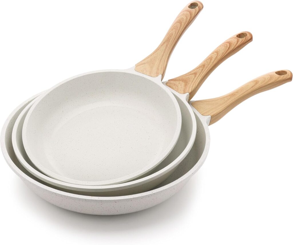 SENSARTE Nonstick Frying Pan Skillets, White Ceramic Coating Omelette Pans, Healthy Cookware Chef’s Pan, Free of PTFE & PFAS (9.5+11+12.5 Inch)