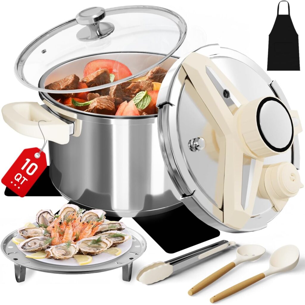 10 QT Stainless Steel Pressure Cooker, 10 pcs Olla de presion Set, Cooking Pressure Cooker with 3 PSl Settings Release Valve & Multiple Protective Devices, Compatible with Induction and Gas Stovetops