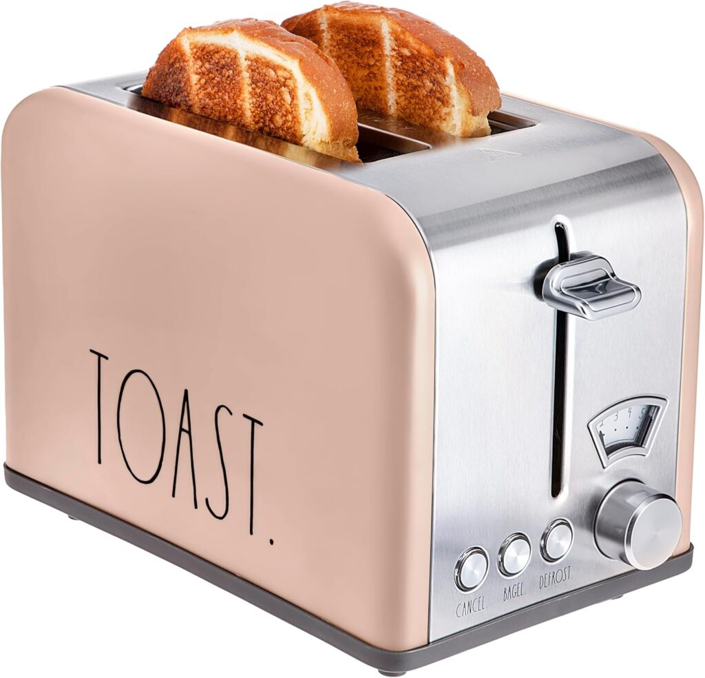 Rae Dunn Toaster, Stainless Steel 2 Slice Square Toaster, Wide Slot with 5 Browning Levels, with Bagel, Defrost and Cancel Options (Blush)