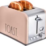Rae Dunn Toaster, Stainless Steel 2 Slice Square Toaster, Wide Slot with 5 Browning Levels, with Bagel, Defrost and Cancel Options (Blush)
