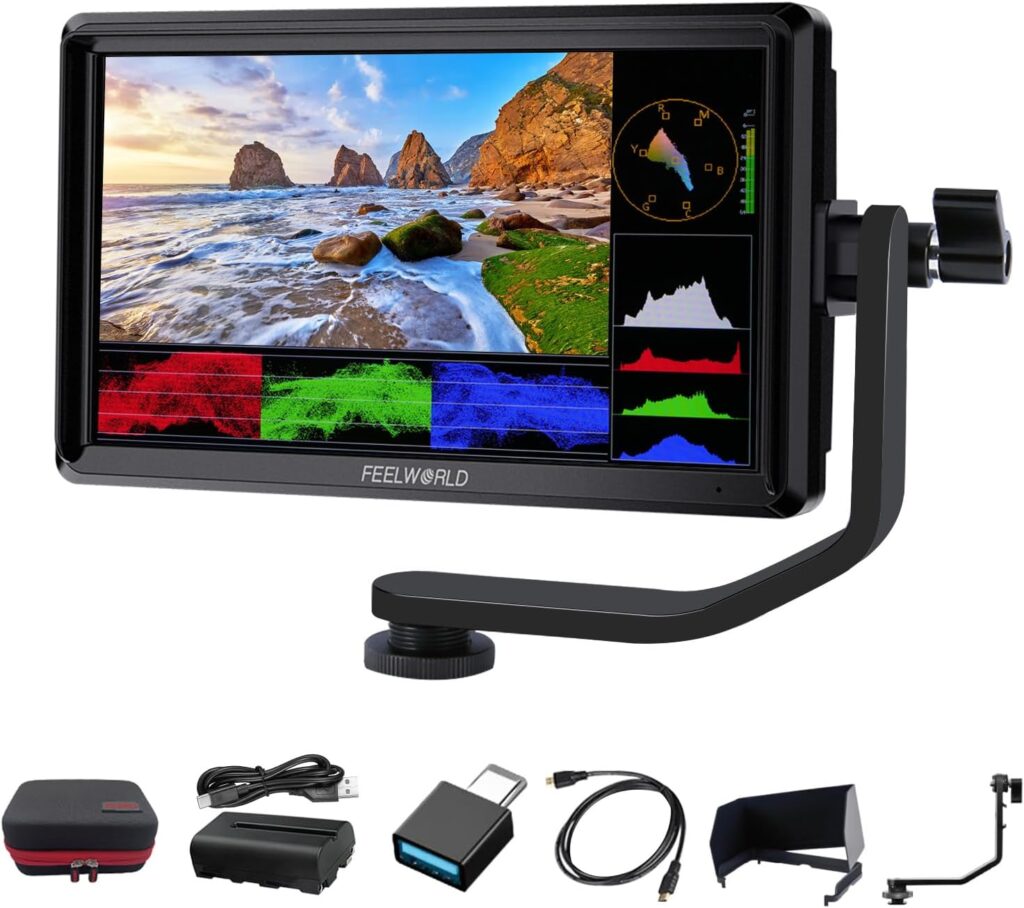 FEELWORLD S55 V3 6 Inch DSLR Camera Field Monitor Bundle – FHD IPS Screen, 4K HDMI in/Out, Tilt Arm, Power Output, Battery & Carry Case Included
