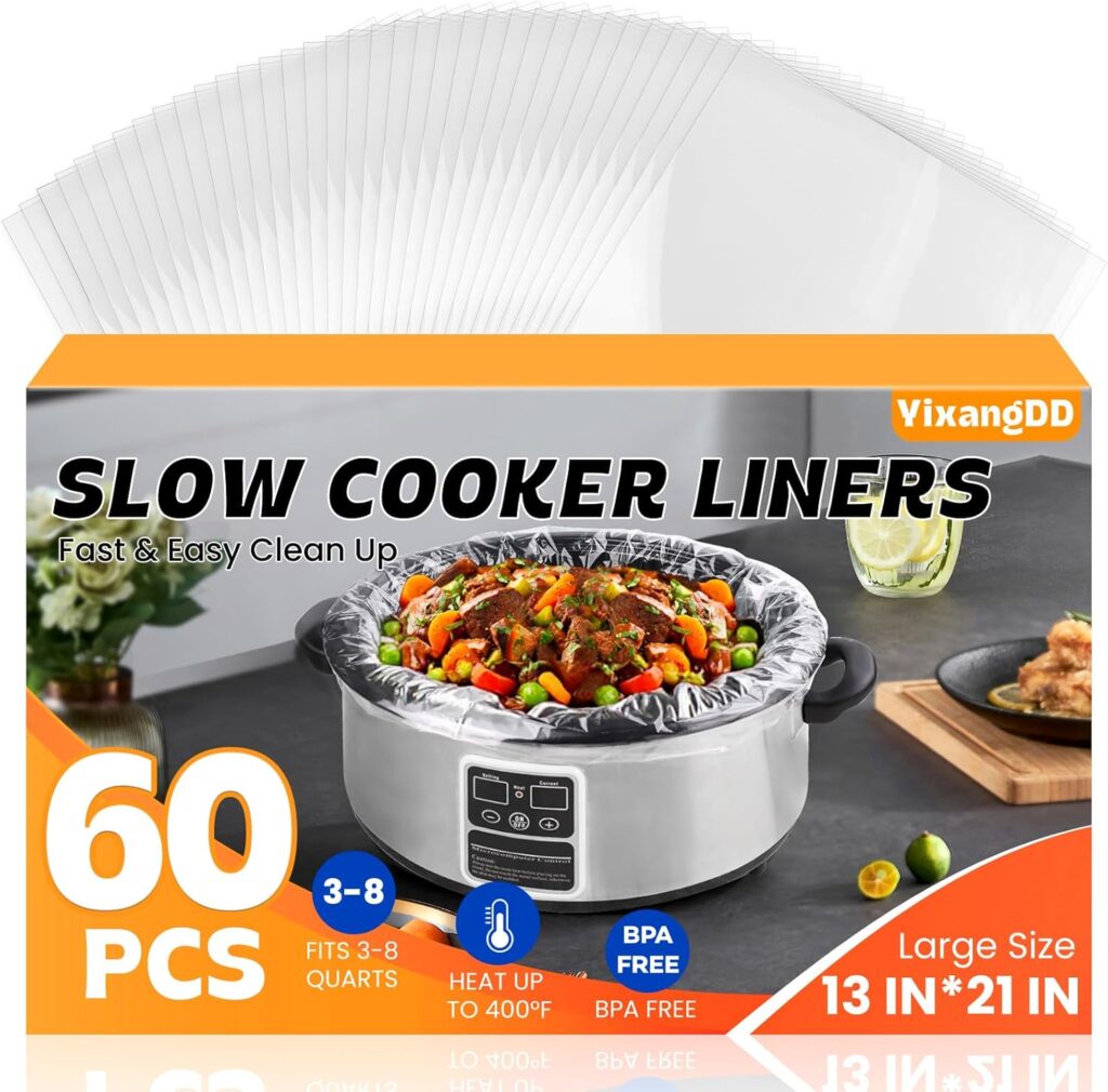 60 Pack Slow Cooker Liners, Large Size 13″x 21″ Cooking Bags Disposable Pot Liners, Plastic Slow Cooker Bags Fits 3-8 Quarts, BPA Free, Suitable for Oval & Round Pot