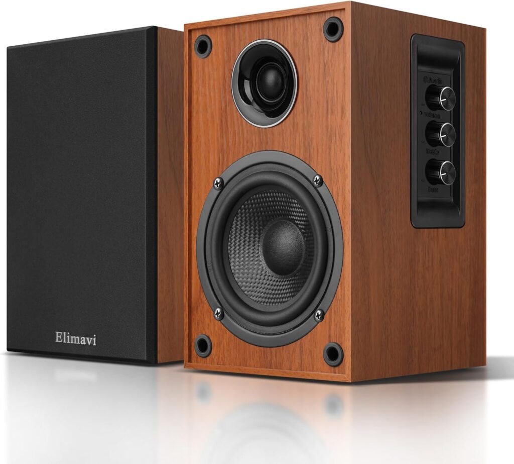 Bluetooth Bookshelf Speakers, 40W X 2 Record Player Speakers with 4″ Carbon Fiber Woofer and a 1″ Silk Dome Tweeter, Computer Speakers with BT5.3/RCA/USB-C Input for PC and TVs, Brown