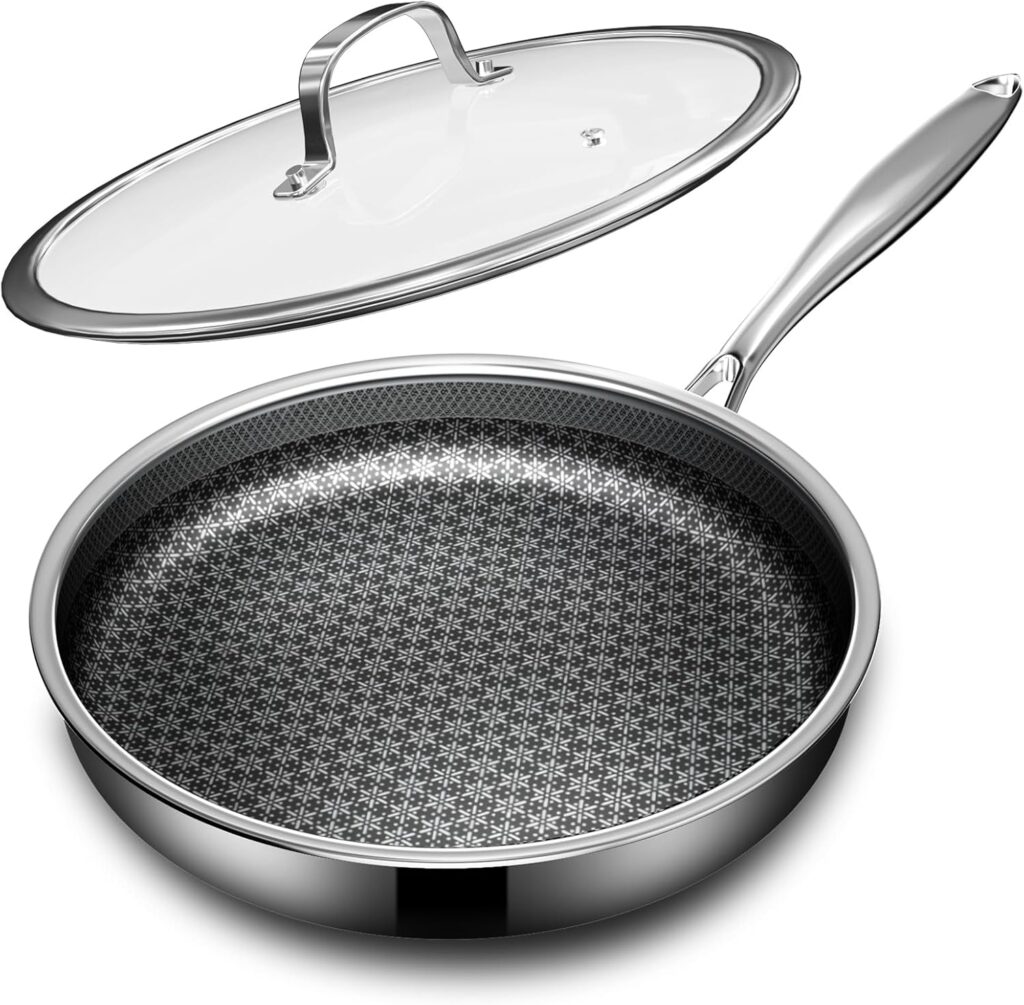 Non Stick Frying Pans with lid, 10 inch Hybrid Frying Pans Nonstick, non stick Stainless Steel Skillets, Dishwasher and Oven-Safe, nonStick Cookware, Induction Compatible Cooking Pan