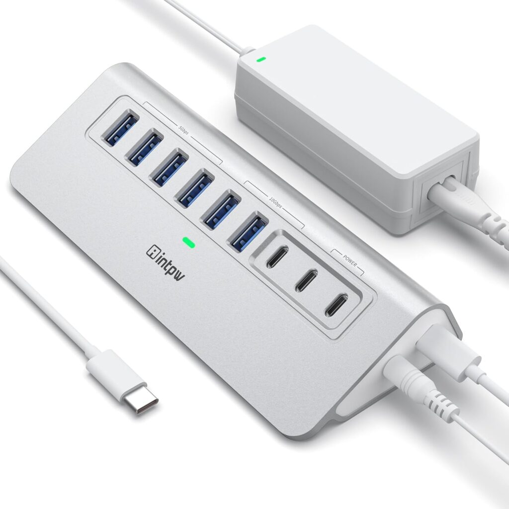 Powered USB Hub 10Gbps, intpw 9-Port USB 3.2 Hub, USB C Hub with USB A/USB C 3.2, 4 USB 3.0, 2 PD 45W Charging Ports, 65W Power Adapter and 3.3FT Cable, Aluminum USB Hub for Laptop, iPhone 16/15, PC