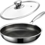 Stainless Steel Frying Pan with Lid, 8 Inch Honeycomb Non Stick Frying Pan, Small Stainless Steel Nonstick Pans W/Lid, Safe Nonstick Skillet Egg Omelete Pans, Oven Safe, Induction Compatible,PFOA Free