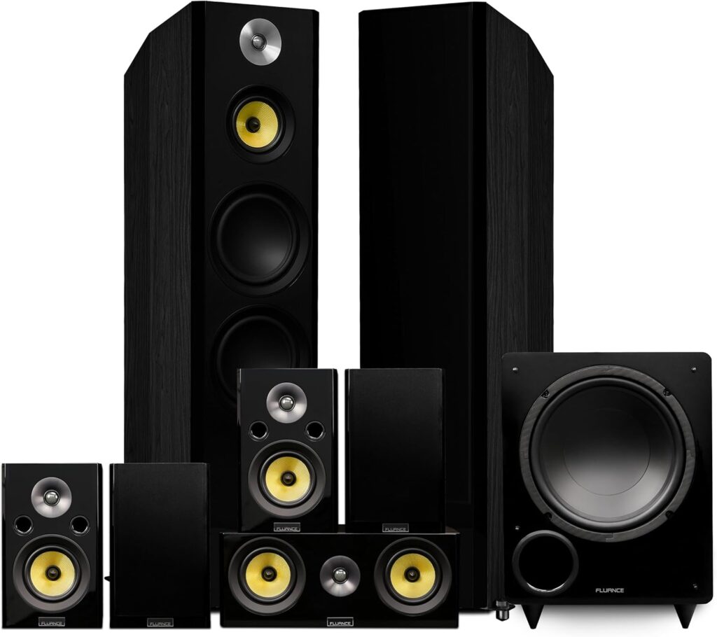 Fluance Signature HiFi Surround Sound Home Theater 7.1 Channel Speaker System including 3-Way Floorstanding Towers, Center Channel, Surrounds and Rear Surrounds and DB10 Subwoofer – Black Ash (HF71BR)