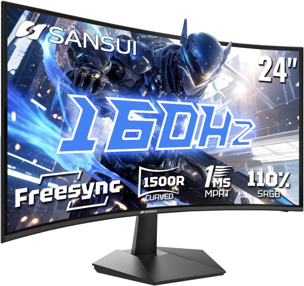 SANSUI 24 Inch Curved 160Hz Gaming Monitor,1500R Curved Gaming Monitor FHD 1080P Computer Monitor,MPRT 1ms Fast VA Display,Freesync,HDR,3000:1, HDMI2.0,DP1.4, VESA Support(ES-G24C1L HDMI Cable Incl.)