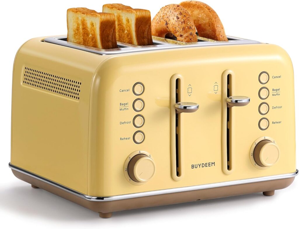 BUYDEEM DT640 Retro 4 Slice Toaster, 7 Shade Settings, Extra Wide 1.5” Slots, Stainless Steel Toaster with Bagel Muffin Defrost Reheat Function, Yellow