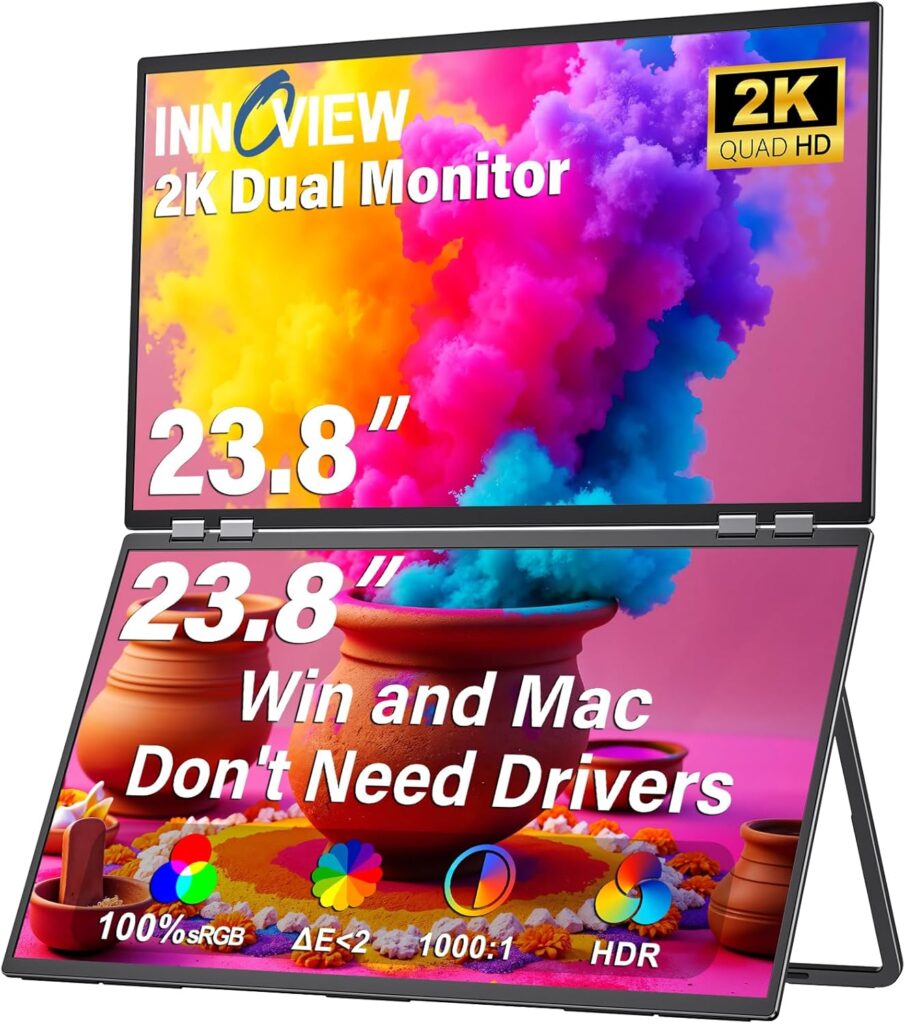 InnoView 23.8″ Dual Monitor 2K QHD 2560 x 1440P Laptop Screen Extender 315°Adjustable Dual Monitor for MacBook Windows with DP Type-C HDMI Double Foldable Monitors(No Driver Needed)