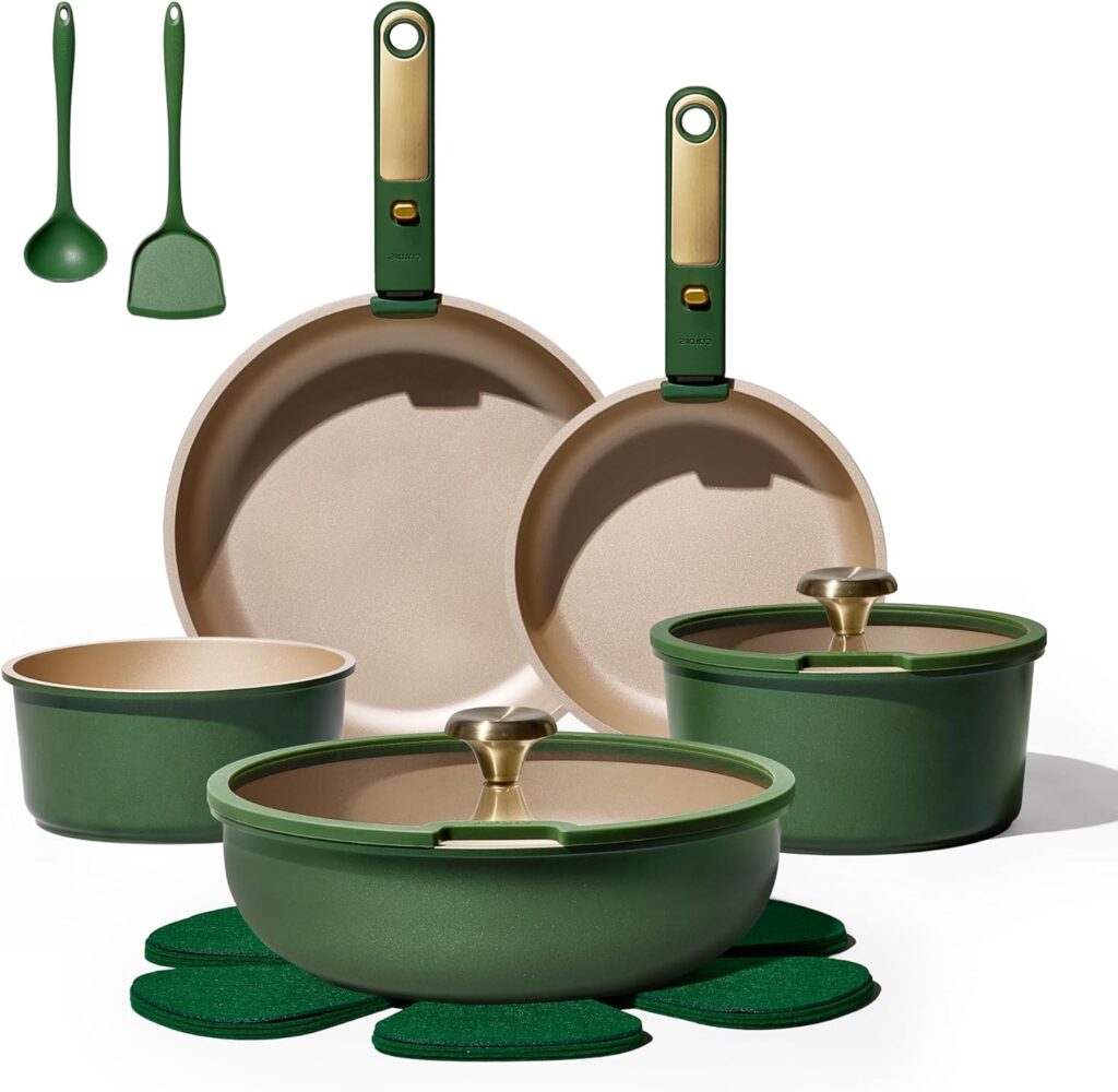 CAROTE Green&Gold Nonstick Cookware Set,15Pcs Pots and Pans Set Non Stick Detachable/Removable Handle,Kitchen Cooking Set Dishwasher Safe, RV Kitchen Pot and Pan, Induction Cookware