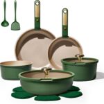 CAROTE Green&Gold Nonstick Cookware Set,15Pcs Pots and Pans Set Non Stick Detachable/Removable Handle,Kitchen Cooking Set Dishwasher Safe, RV Kitchen Pot and Pan, Induction Cookware