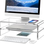 Clear Acrylic Monitor Stand Riser 2 Tier, 5.12 Inches High Clear Computer Desk Organizer Shelf for Multi Media PC Storage Laptop
