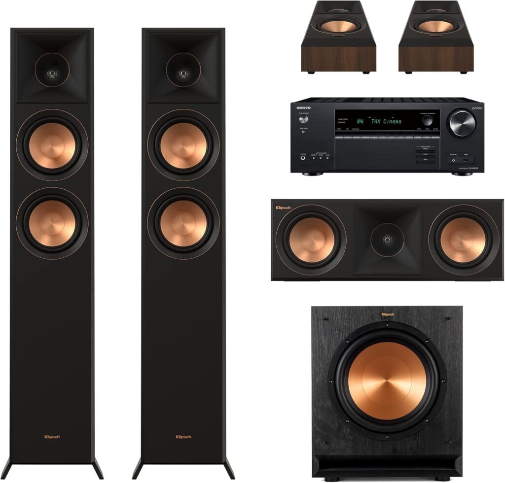 Klipsch Reference Premiere RP-5000F II 5.1 Surround Sound Home Theater System in Walnut with 5.25” Woofers, and Dolby Atmos Immersive Sound with The Onkyo TX-NR6100 7.2 Channel AV Receiver