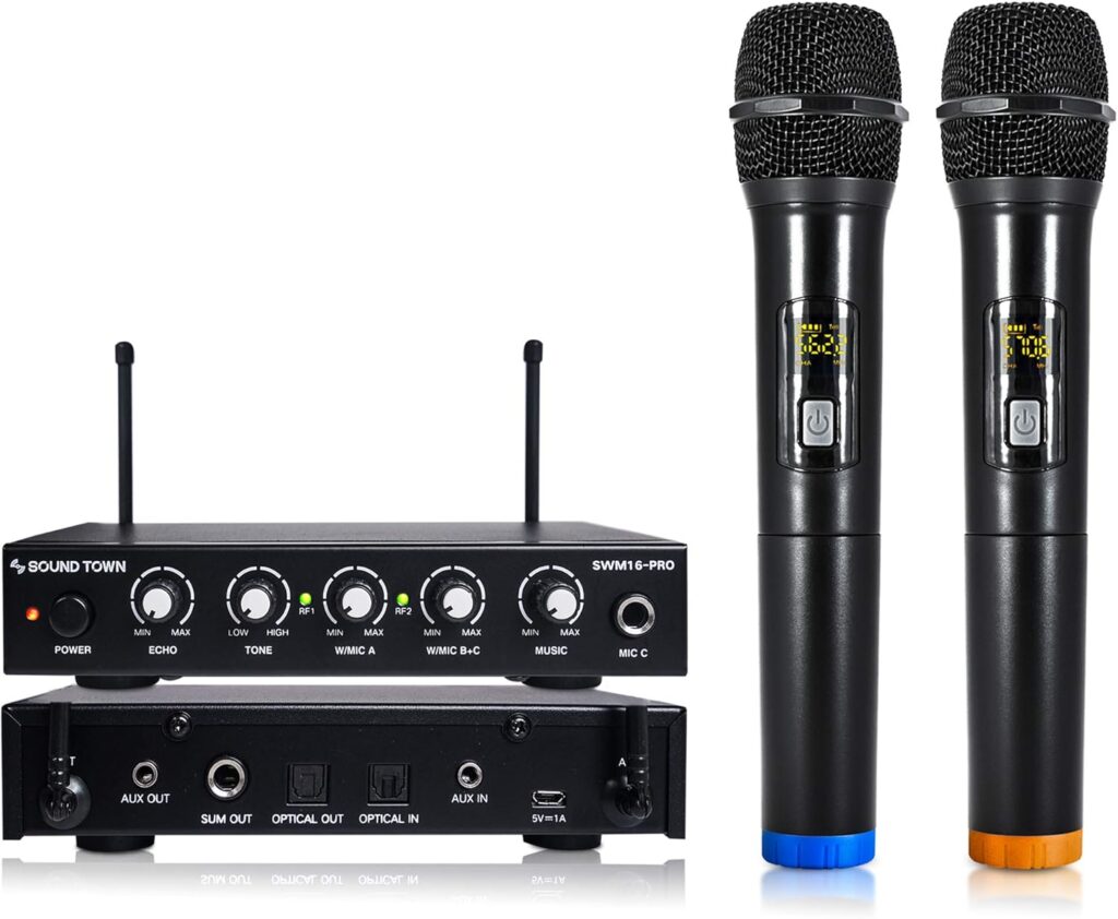 Sound Town 16 Channels Wireless Microphone Karaoke Mixer System with Optical (Toslink), AUX and 2 Handheld Microphones – Supports Smart TV, Home Theater, Sound Bar (SWM16-PRO)