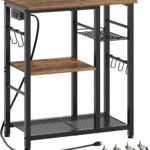 Movable Bakers Rack, Microwave Stand with Charging Station, Kitchen Storage Rack with Hooks and Basket, Casters and Adjustable Feet, for Small Space, Kitchen, Dining Room, Black HB04UBR