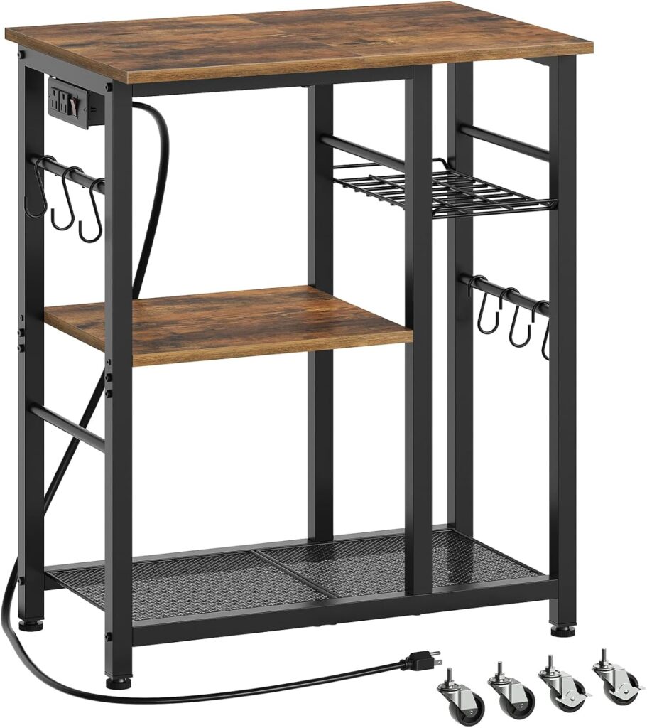 Movable Bakers Rack, Microwave Stand with Charging Station, Kitchen Storage Rack with Hooks and Basket, Casters and Adjustable Feet, for Small Space, Kitchen, Dining Room, Black HB04UBR