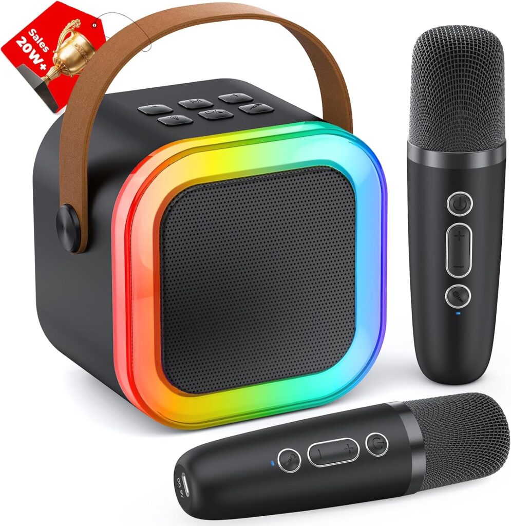 Mini Karaoke Machine for Kids Adults, 2025 TOP Christmas Birthday Gifts for Boys 3,4,5,6,7,8,9,10+ Years Old Toddler Toys, Portable Bluetooth Speaker with 2 Wireless Karaoke Microphones Player(Black)