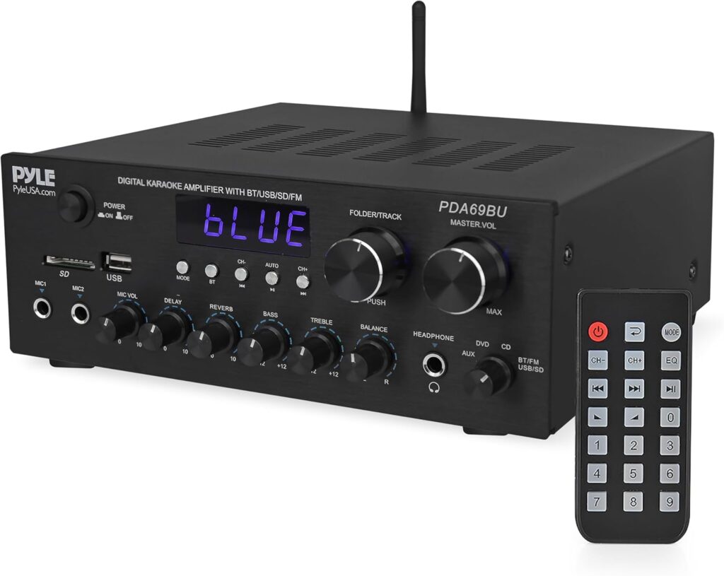 Pyle Stereo Amplifier Audio Receiver with Bluetooth Streaming, 200 Watt Peak, 2.0 Channel HiFi Sound System with MP3/USB/SD/FM Radio, RCA/Aux Inputs, Mic and Headphone Jacks, Rotary Vol Bass Treble