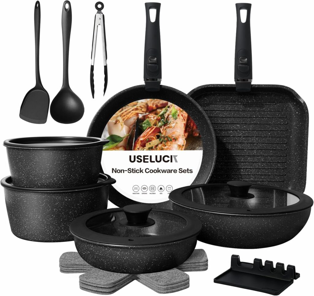 Pots and Pans Set Non Stick, Ceramic Cookware Sets 21 PCS, Granite Induction RV Kitchen Portable Stackable Cooking Set Removable Handles, Dishwasher ＆ Oven Safe, Black